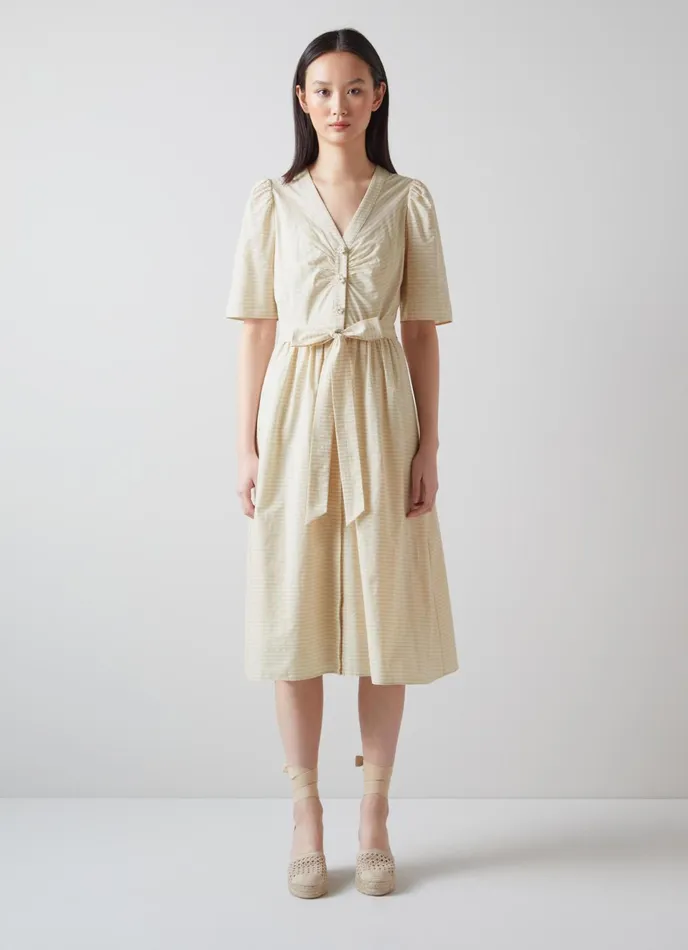LK Bennett Hendrick Beige And Silver Stripe Cotton Dress Women Dresses
