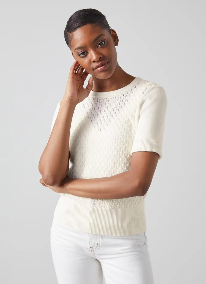 LK Bennett Lila Ivory Organic Cotton Pointelle Knit Top Women Knitwear