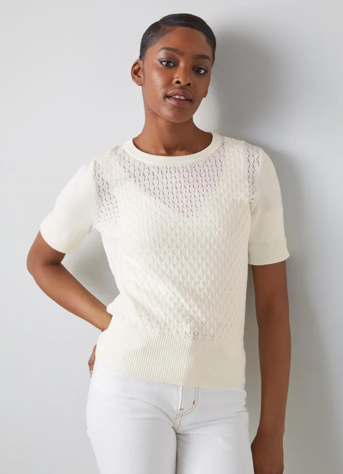 LK Bennett Lila Ivory Organic Cotton Pointelle Knit Top Women Knitwear