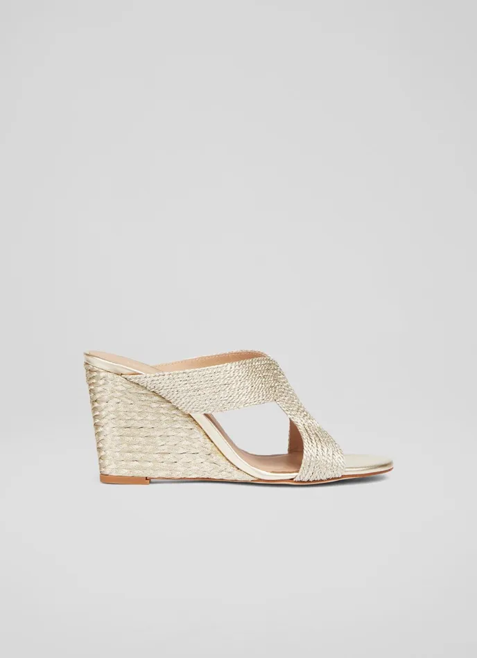 LK Bennett Sonia Gold Rope Wedge Mules Women Sandals