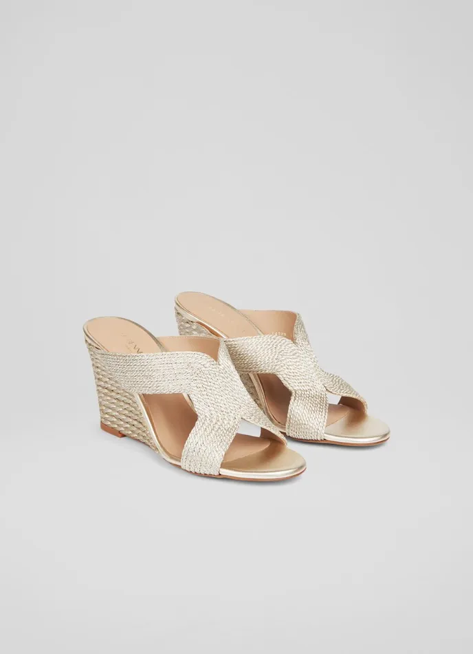 LK Bennett Sonia Gold Rope Wedge Mules Women Sandals