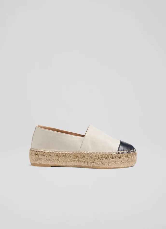 LK Bennett Talia Cream And Navy Leather Flatform Espadrilles Women Flats