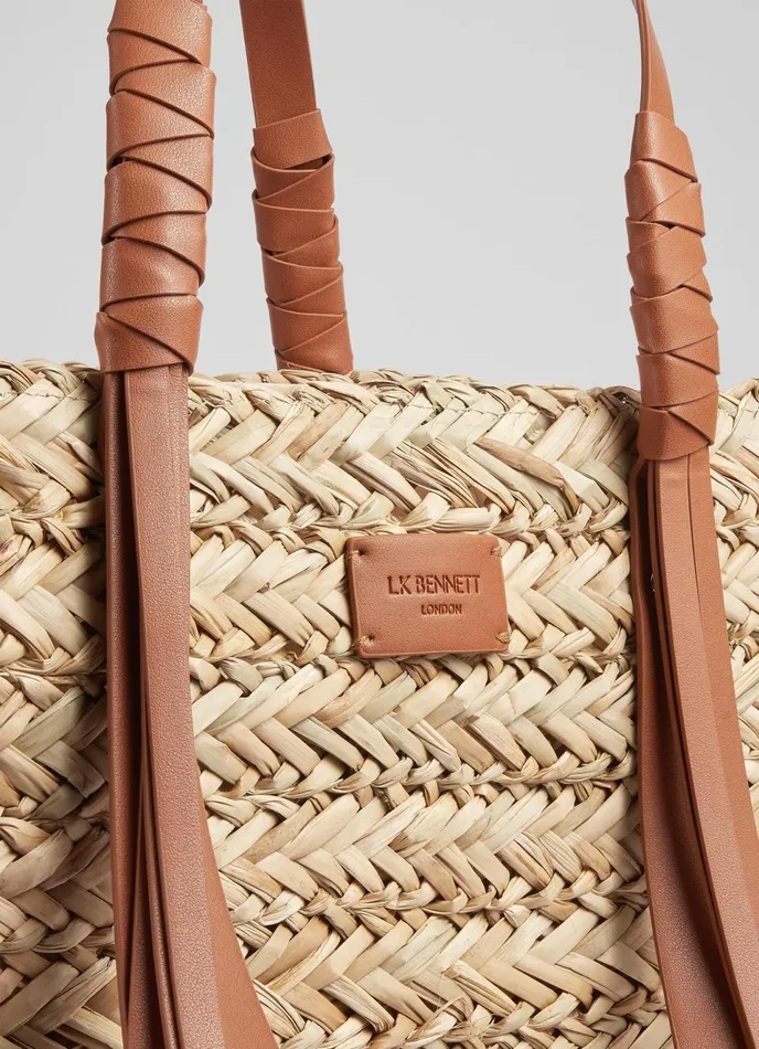 LK Bennett Violetta Tan Leather Tassel Straw Bag Women Tote Bags
