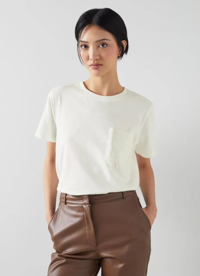 LK Bennett Vivienne Cream Organic Cotton Tweed Patch TShirt Women Tops