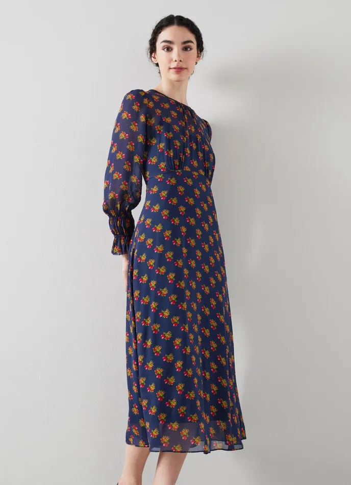 LK Bennett Wren Navy Rosebud Print Dress Women Dresses