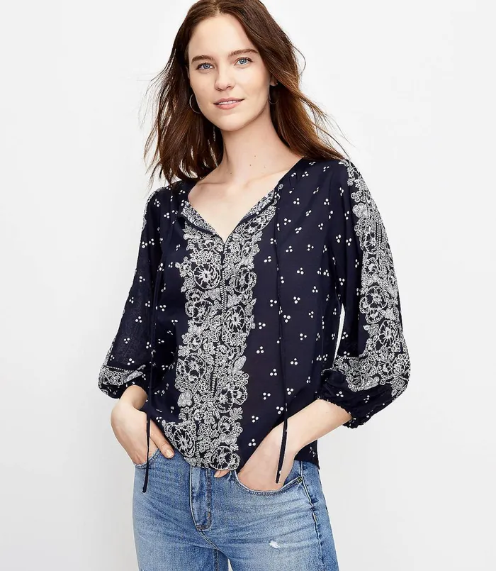 LOFT Border Floral Split Neck Blouse Forever Navy Women Tops