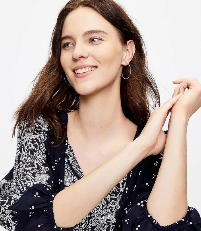 LOFT Border Floral Split Neck Blouse Forever Navy Women Tops
