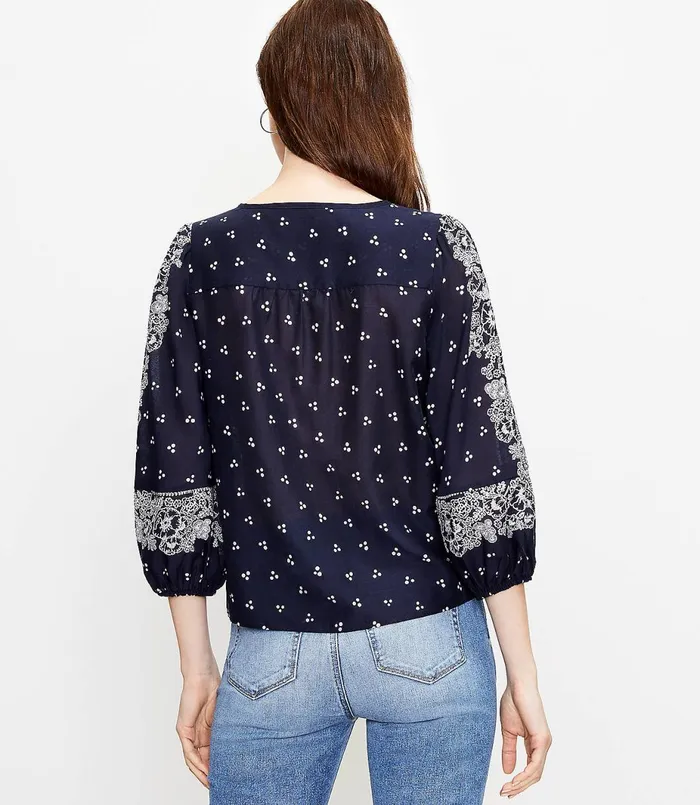 LOFT Border Floral Split Neck Blouse Forever Navy Women Tops