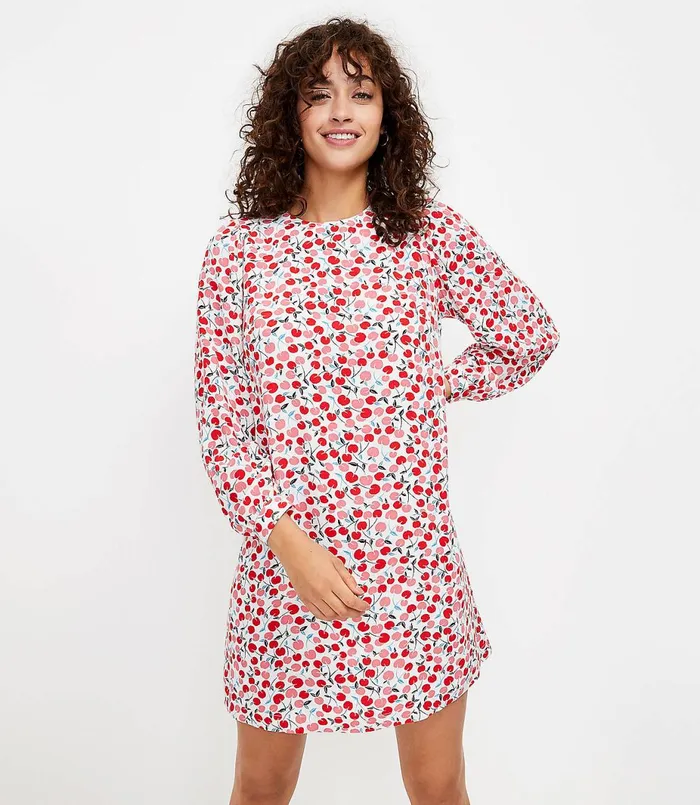 LOFT Cherry Balloon Sleeve Swing Dress Whisper White Women Swing Dresses