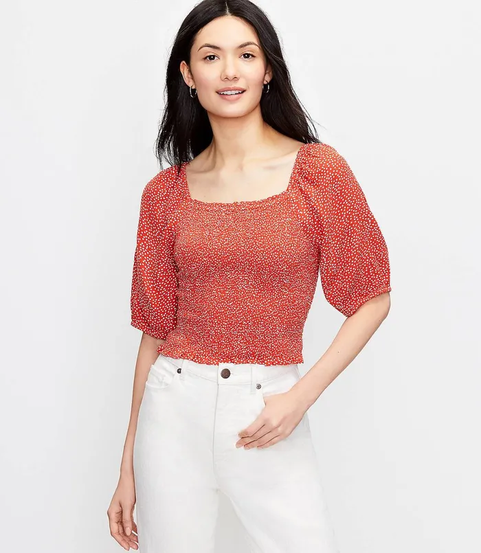 LOFT Dotted Smocked Blouse Sundried Vine Women Tops