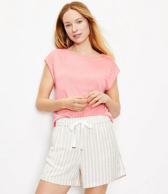 LOFT Drawstring Pull On Shorts In Striped Linen Blend Whisper White Women Pants