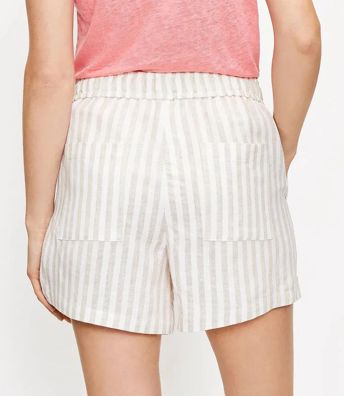 LOFT Drawstring Pull On Shorts In Striped Linen Blend Whisper White Women Pants