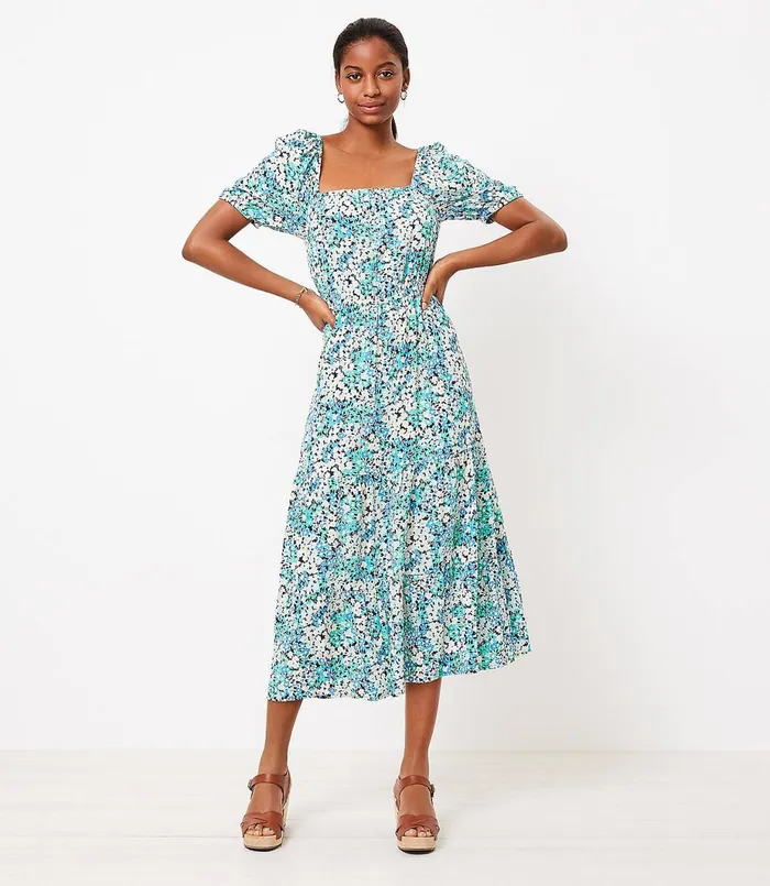 LOFT Floral Square Neck Midi Dress Amalfi Baywater Women Swing Dresses