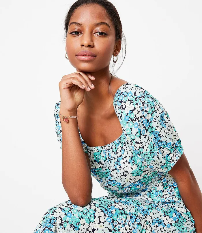 LOFT Floral Square Neck Midi Dress Amalfi Baywater Women Swing Dresses