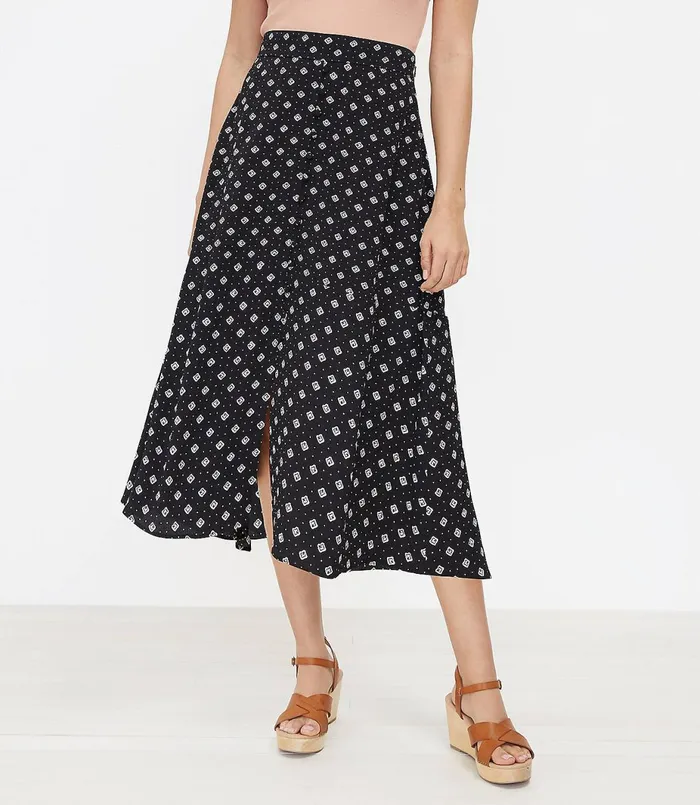 LOFT Geo Button Midi Skirt Black Women Skirts