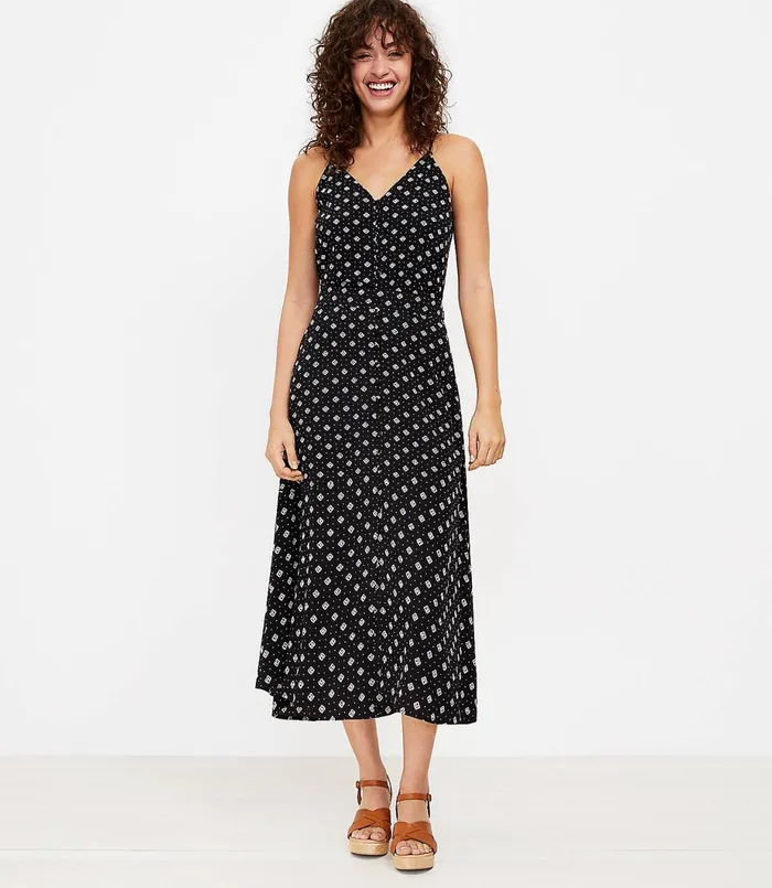 LOFT Geo Button Midi Skirt Black Women Skirts