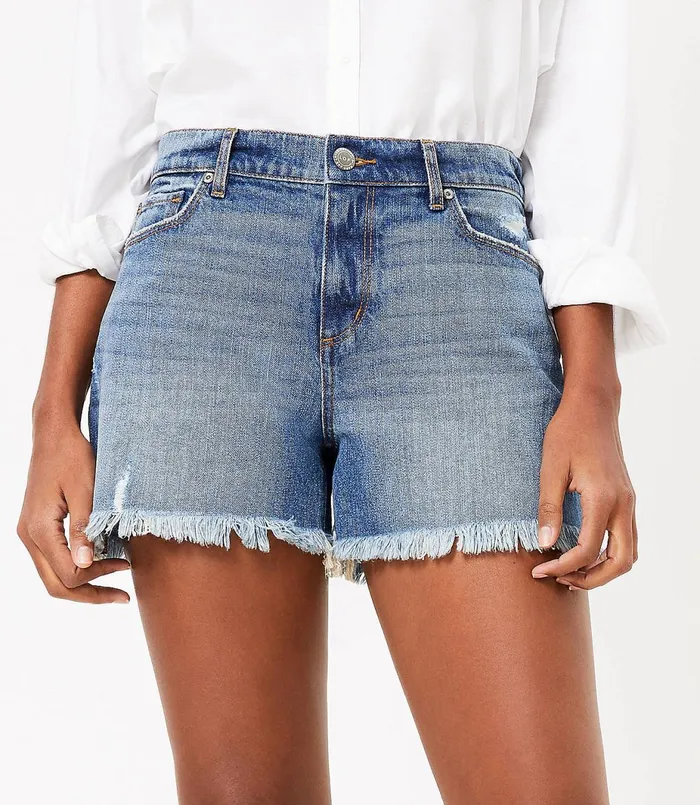 LOFT High Rise Cut Off Denim Shorts In Dark Indigo Rich Indigo Women Shorts