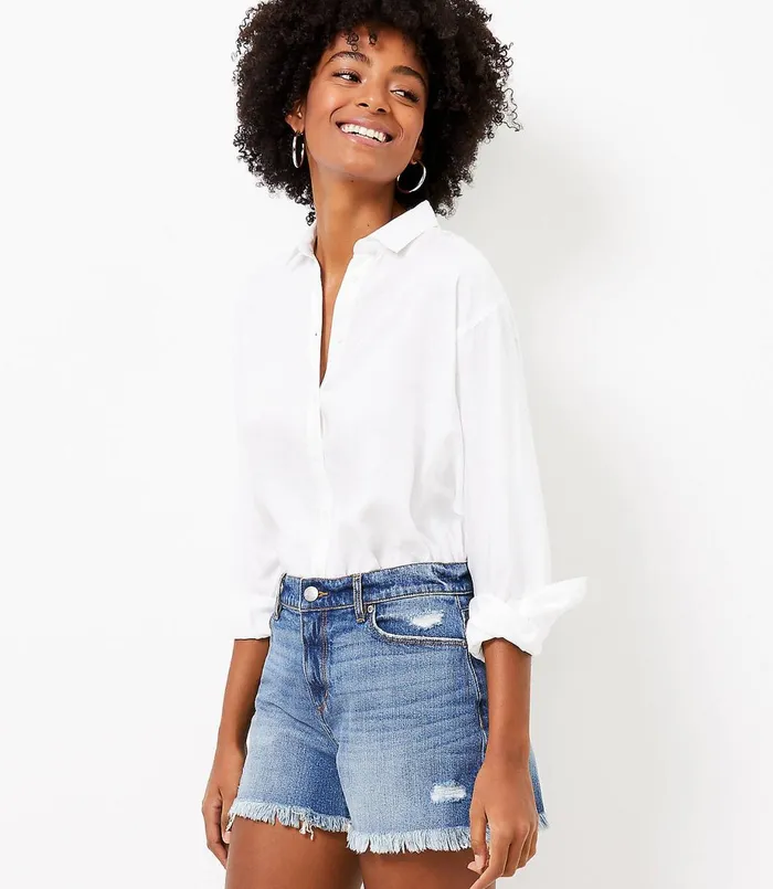 LOFT High Rise Cut Off Denim Shorts In Dark Indigo Rich Indigo Women Shorts