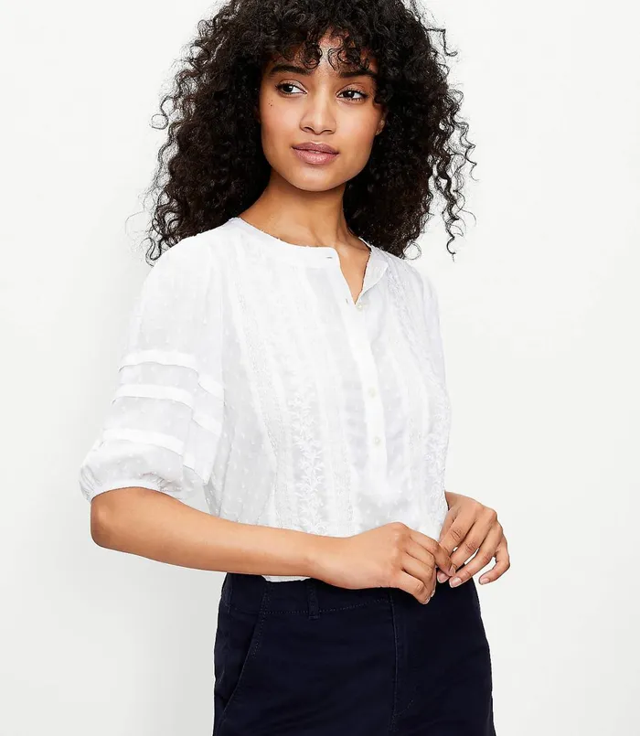 LOFT Lace Trim Henley Top White Women Tops