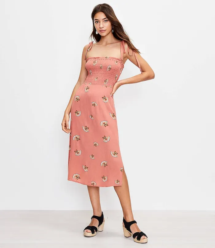 LOFT LOFT Beach Floral Smocked Tie Strap Midi Dress Rose Dusk Women Swim and Beach LOFT LOFT Beach Floral Smocked Tie Strap Midi Dress Rose Dusk Women Swim and Beach