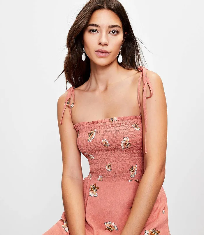 LOFT LOFT Beach Floral Smocked Tie Strap Midi Dress Rose Dusk Women Swim and Beach