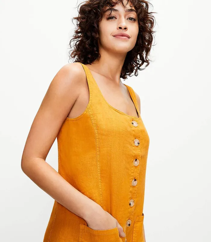 LOFT Lou and Grey Linen Button Pocket Tank Dress Golden Maple Women Dresses