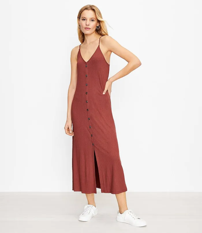 LOFT Petite Button Strappy Midi Dress Lavish Cocoa Women Petite Dresses