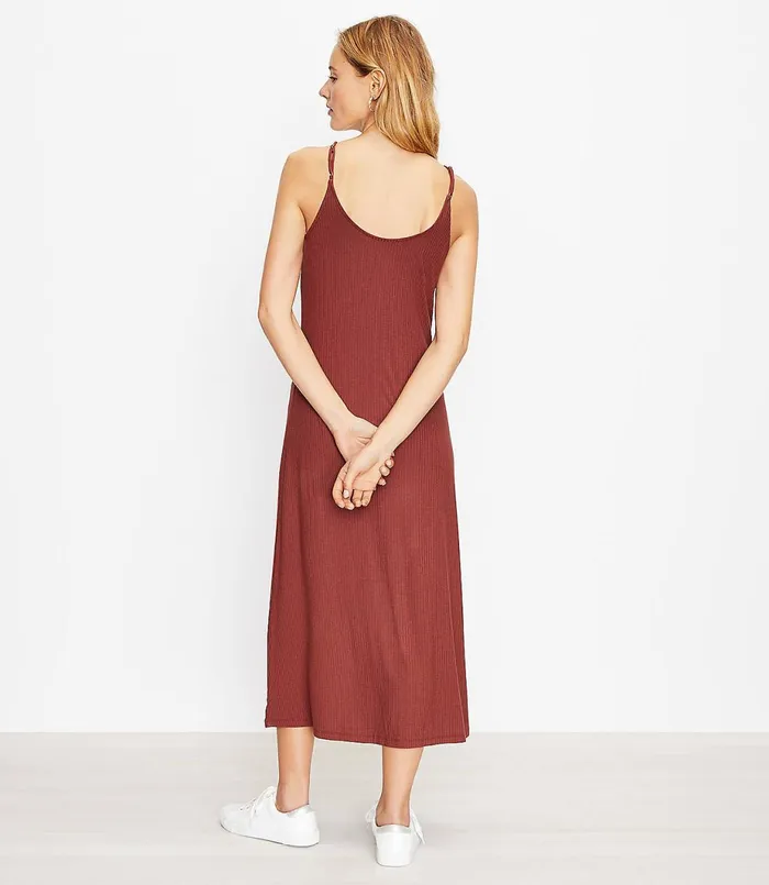 LOFT Petite Button Strappy Midi Dress Lavish Cocoa Women Petite Dresses