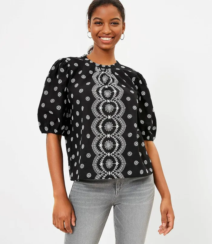 LOFT Petite Eyelet Puff Sleeve Top Black Women Petite Tops