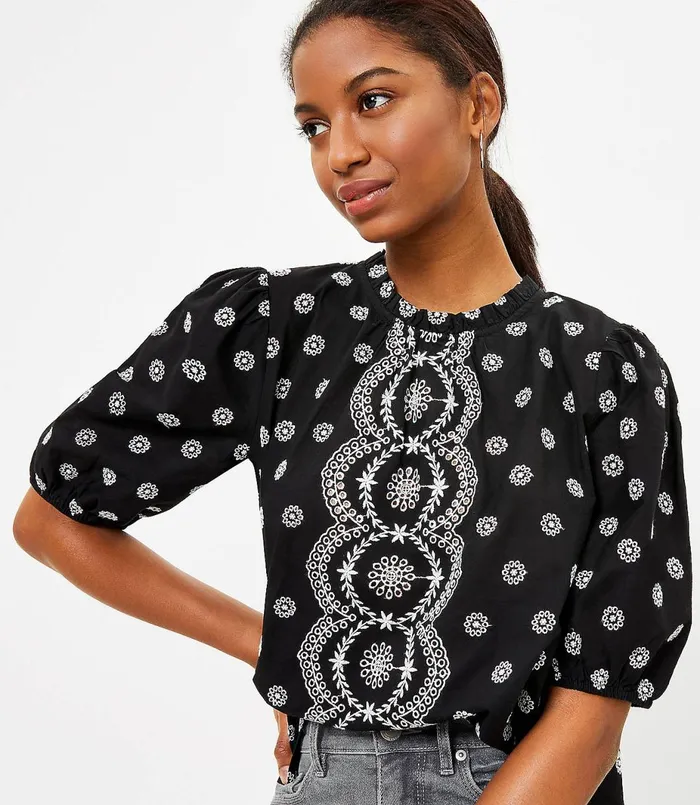 LOFT Petite Eyelet Puff Sleeve Top Black Women Petite Tops