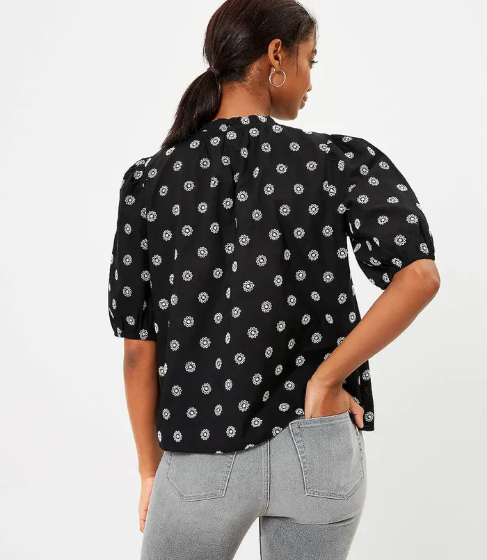 LOFT Petite Eyelet Puff Sleeve Top Black Women Petite Tops
