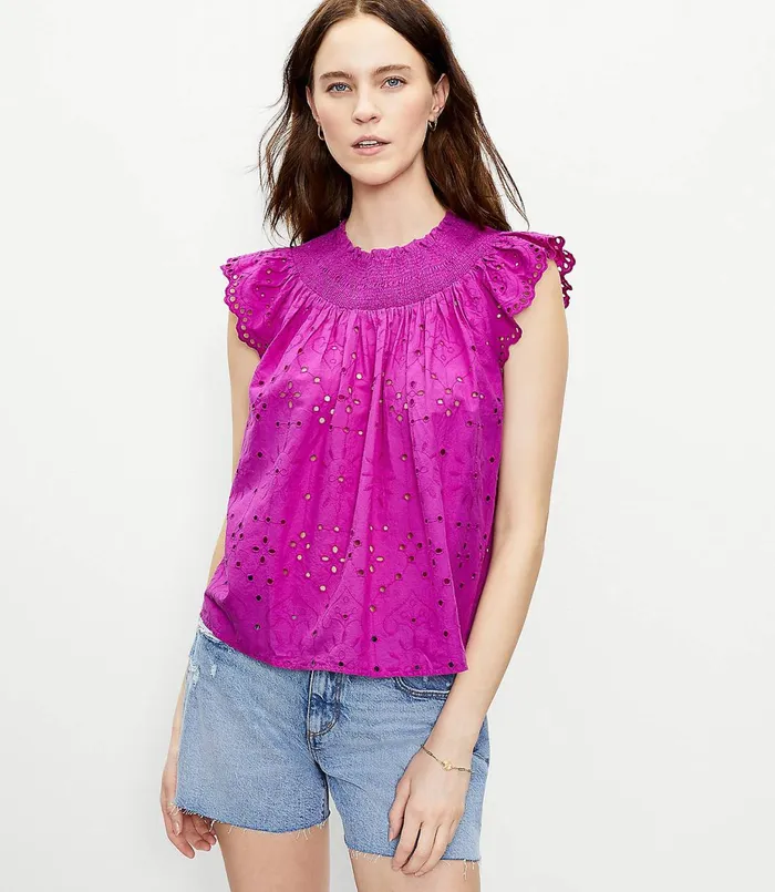 LOFT Petite Eyelet Smocked Neck Shell Deep Magenta Women Petite Tops