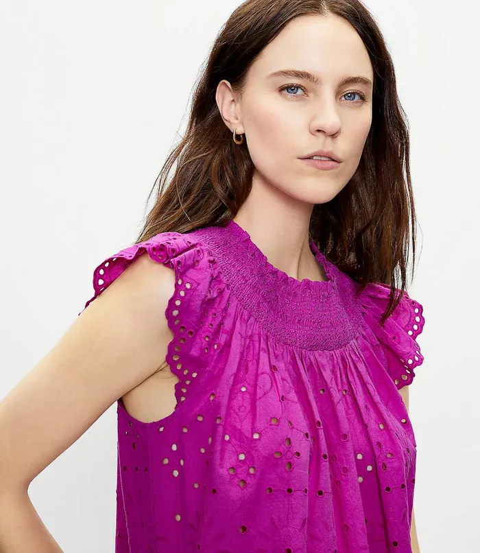 LOFT Petite Eyelet Smocked Neck Shell Deep Magenta Women Petite Tops