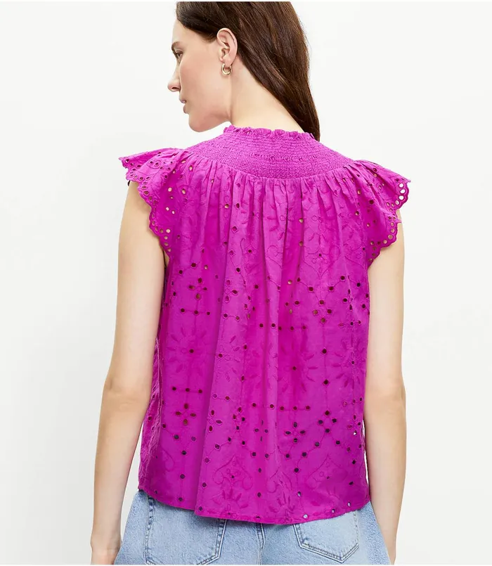 LOFT Petite Eyelet Smocked Neck Shell Deep Magenta Women Petite Tops