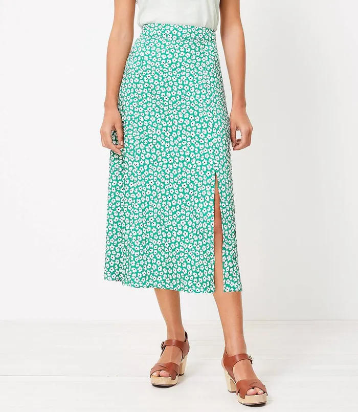 LOFT Petite Floral Slit Midi Skirt Bright Kelly Green Women Petite Skirts