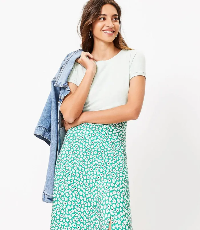 LOFT Petite Floral Slit Midi Skirt Bright Kelly Green Women Petite Skirts