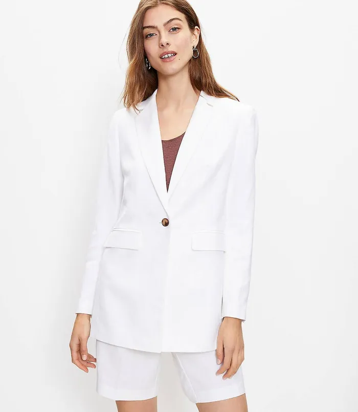 LOFT Petite Linen Blend Boyfriend Blazer White Women Petite Jackets and Blazers