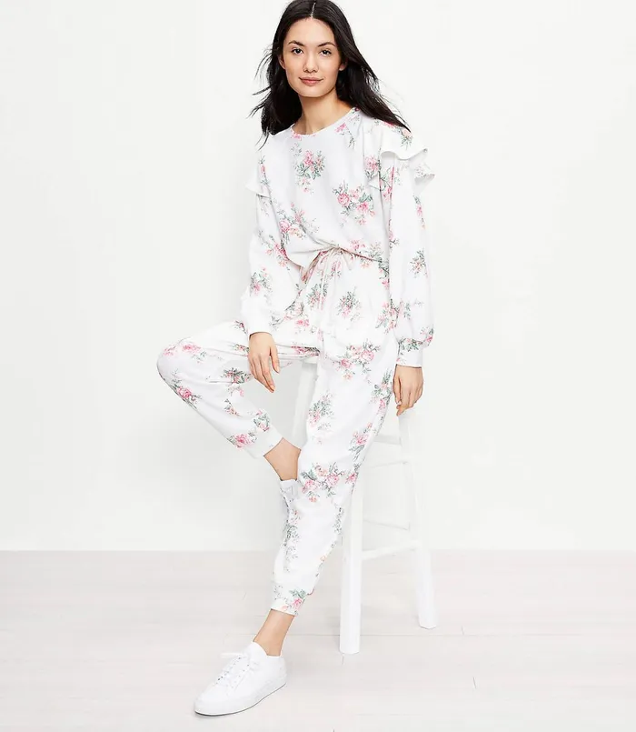 LOFT Petite Lou and Grey Bouquet Ruffle Terry Sweatpants Whisper White Women Petite Pants