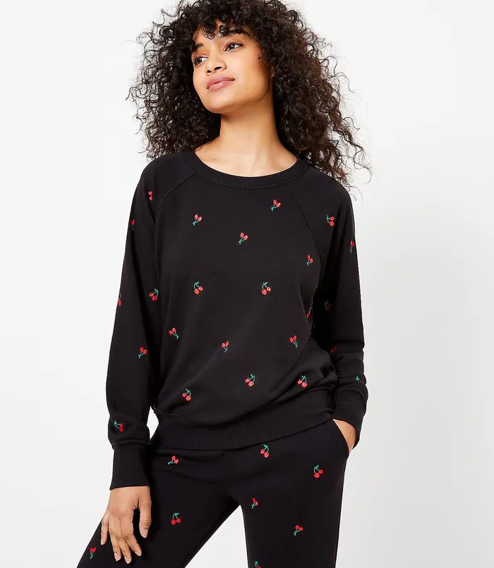 LOFT Petite Lou and Grey Cherry Terry Sweatshirt Black Women Petite Tees