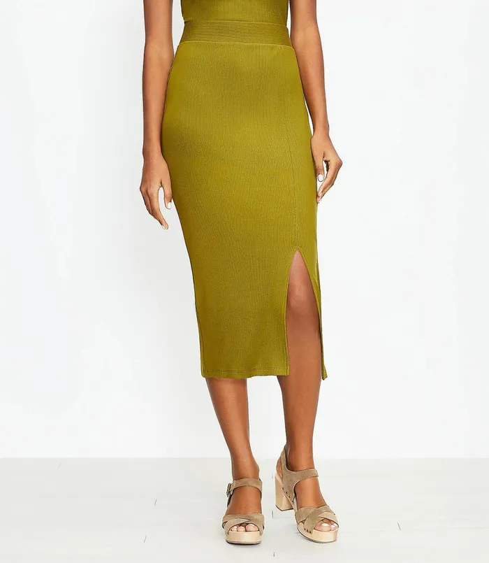 LOFT Petite Ribbed Slit Column Pull On Skirt Vine Green Women Petite Skirts