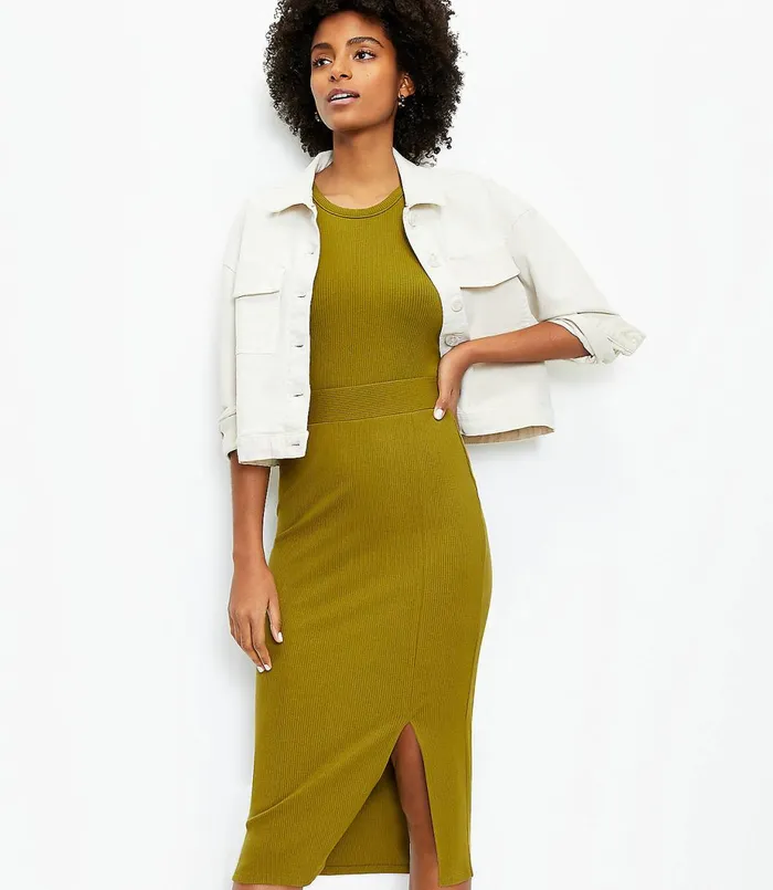 LOFT Petite Ribbed Slit Column Pull On Skirt Vine Green Women Petite Skirts