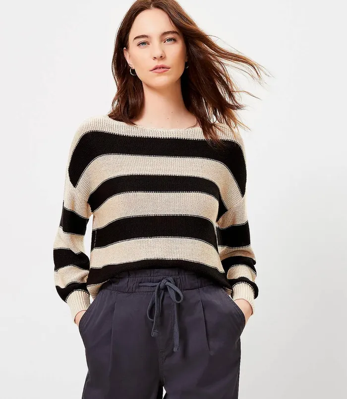 LOFT Petite Striped Boatneck Sweater Black Women Petite Sweaters