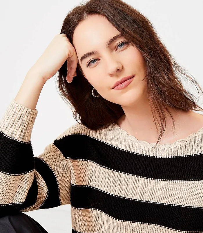 LOFT Petite Striped Boatneck Sweater Black Women Petite Sweaters