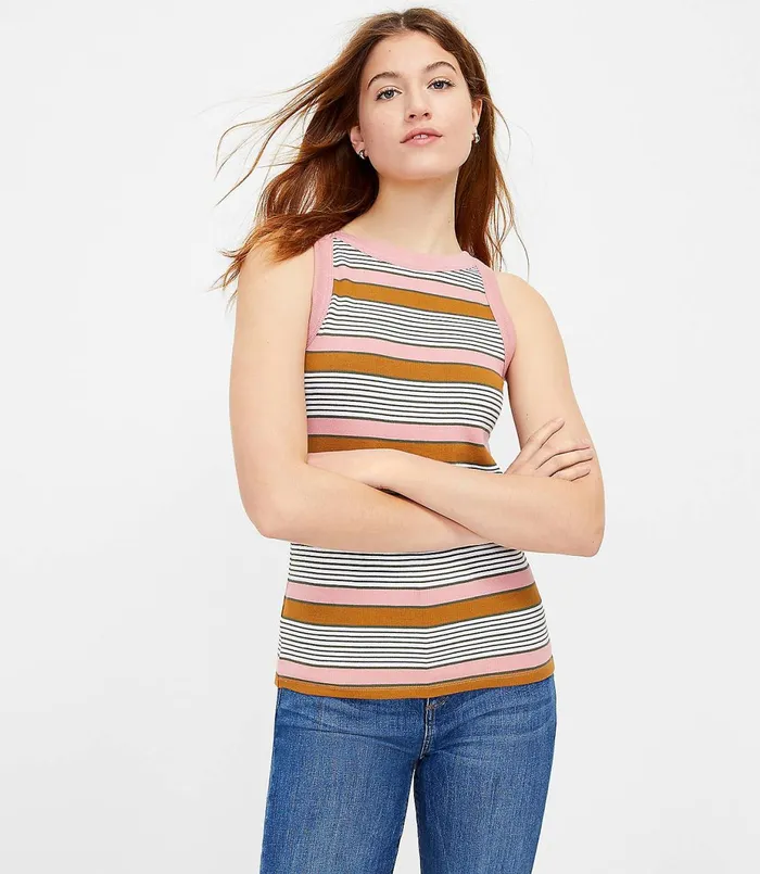 LOFT Petite Striped Halter Tank Coral Multi Women Petite Tees
