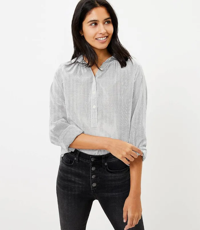 LOFT Petite Striped Henley Shirt Forever Navy Women Petite Tops