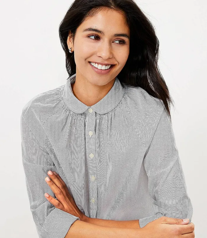 LOFT Petite Striped Henley Shirt Forever Navy Women Petite Tops