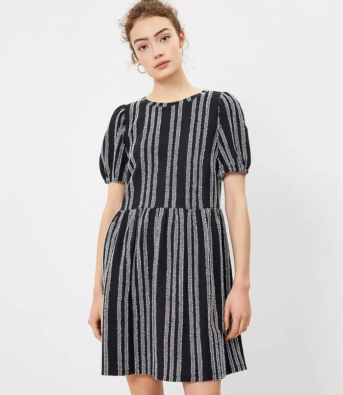 LOFT Petite Striped Puff Sleeve Swing Dress Black Women Petite Dresses