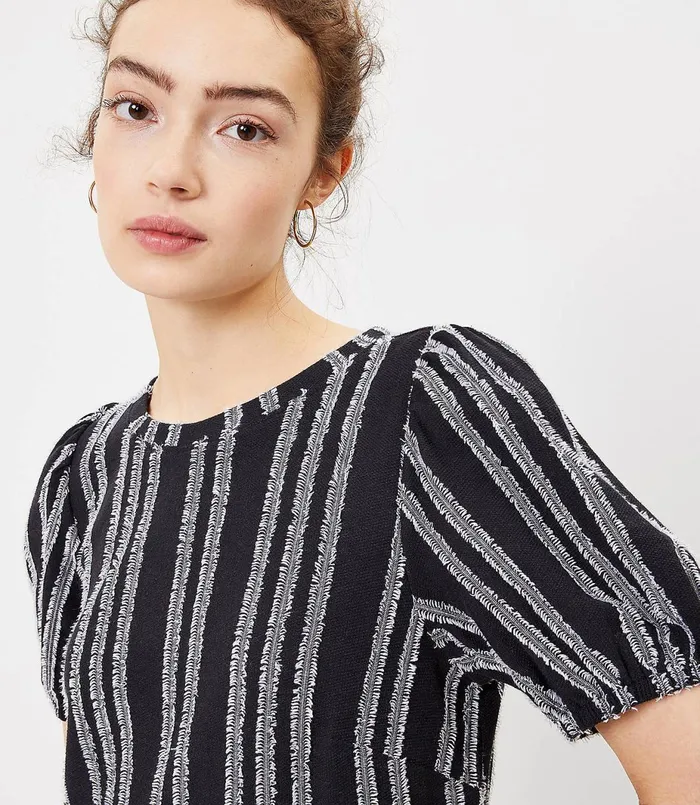 LOFT Petite Striped Puff Sleeve Swing Dress Black Women Petite Dresses