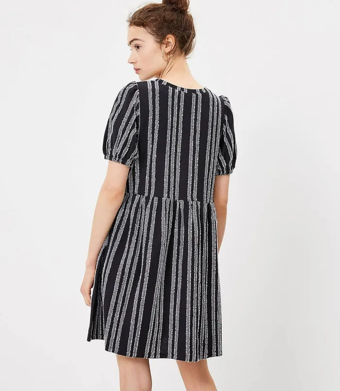 LOFT Petite Striped Puff Sleeve Swing Dress Black Women Petite Dresses