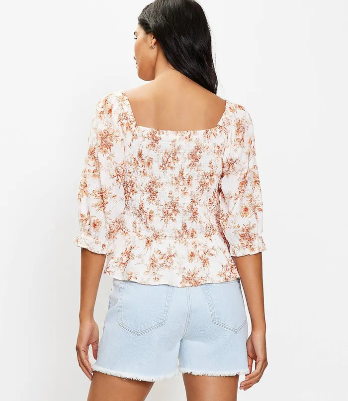 LOFT Petite Toile Smocked Peplum Blouse Whisper White Women Petite Tops